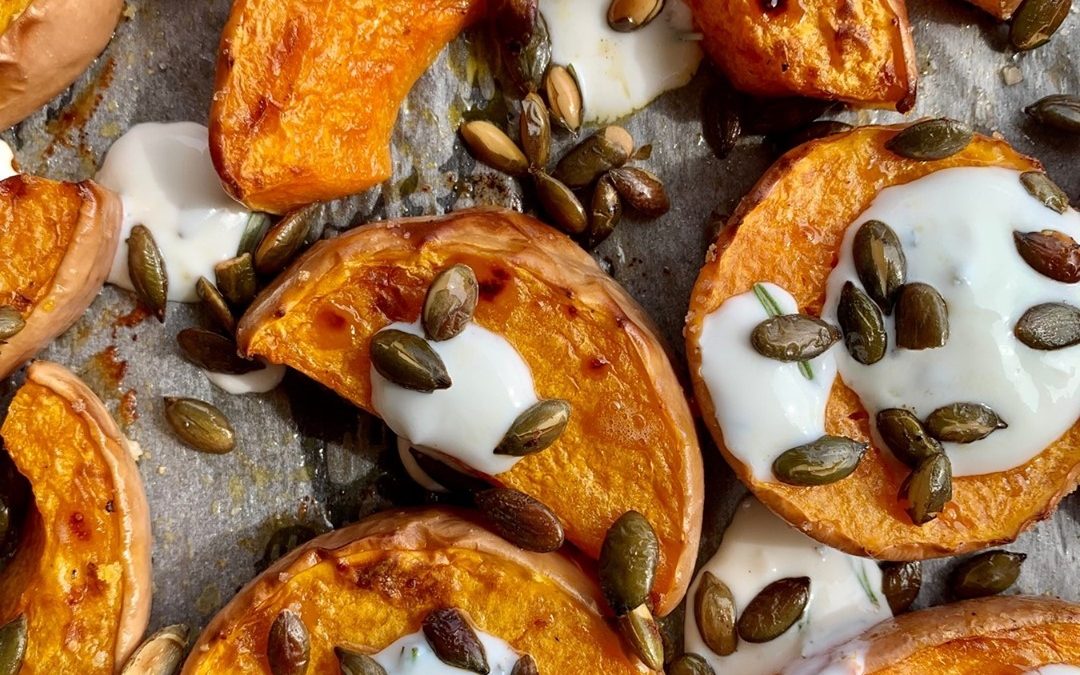 Carabassa al forn amb salsa de iogurt